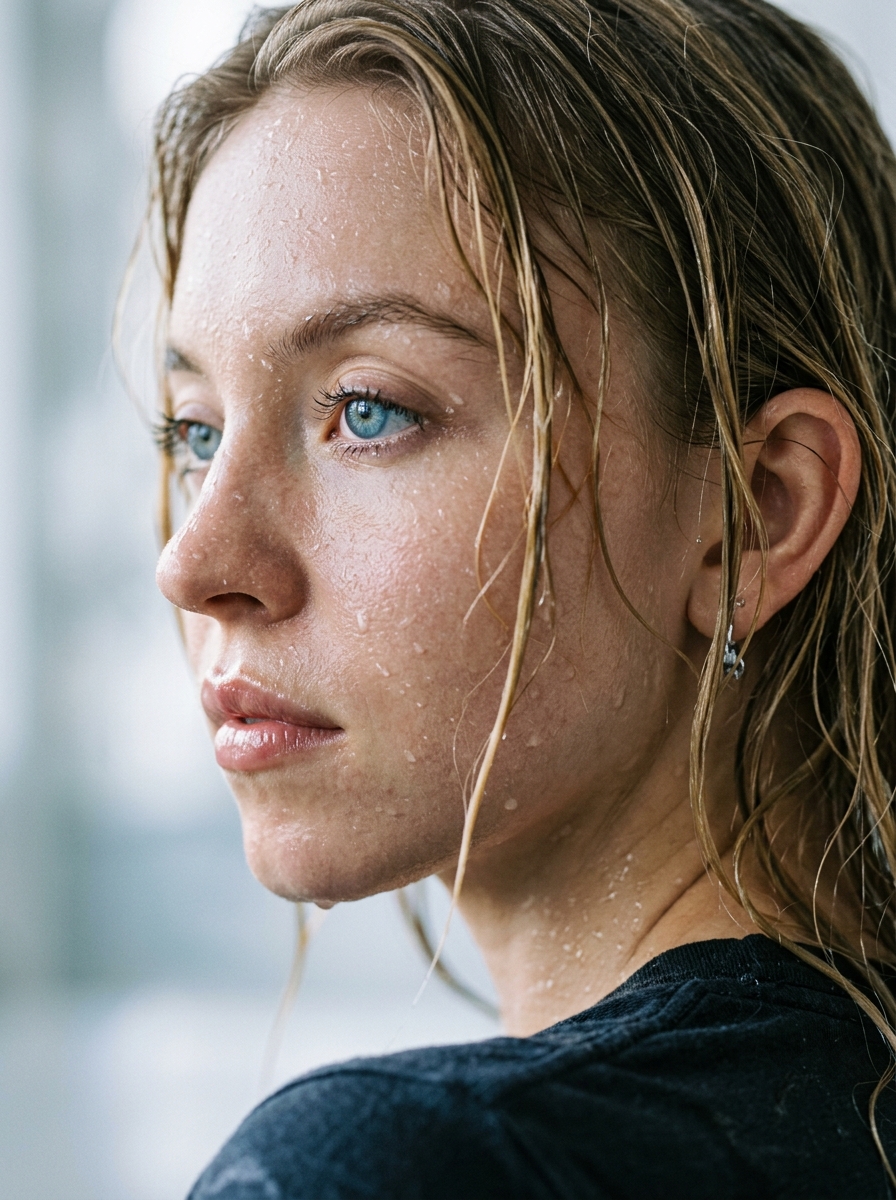 Profile shot of a person with wet slicked-back hair and water droplets on their skin against a soft bokeh background.