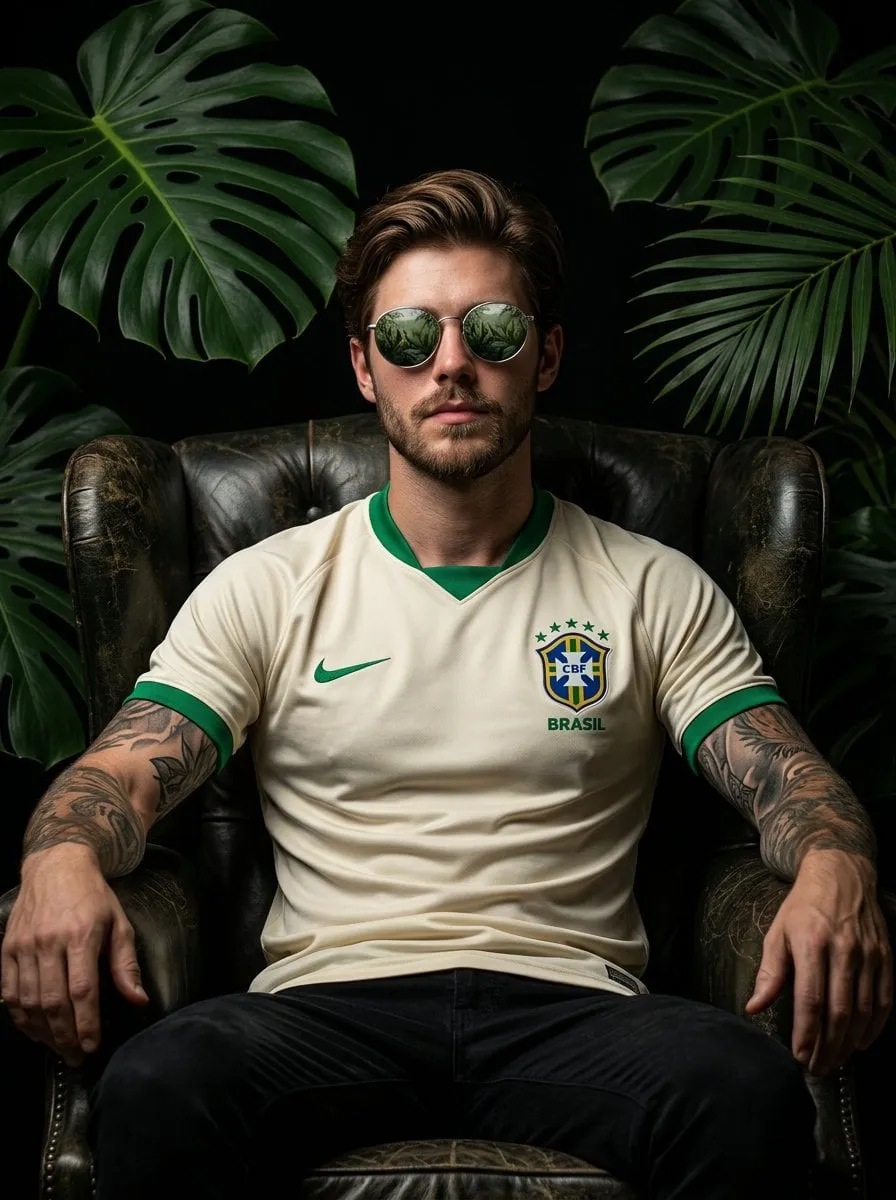 Football Player In Brazil Jersey Dark Armchair Jungle Leaves