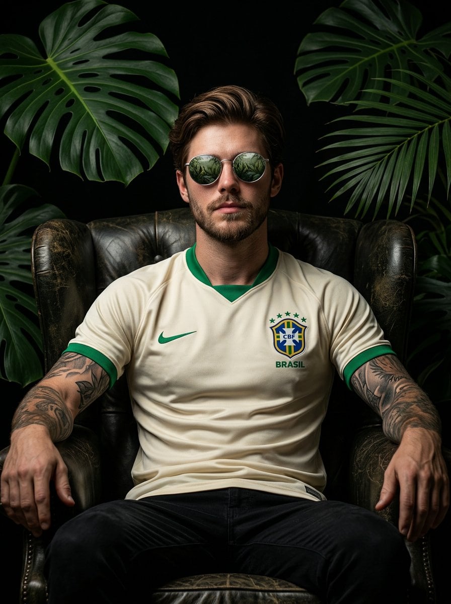 Football Player In Brazil Jersey Dark Armchair Jungle Leaves