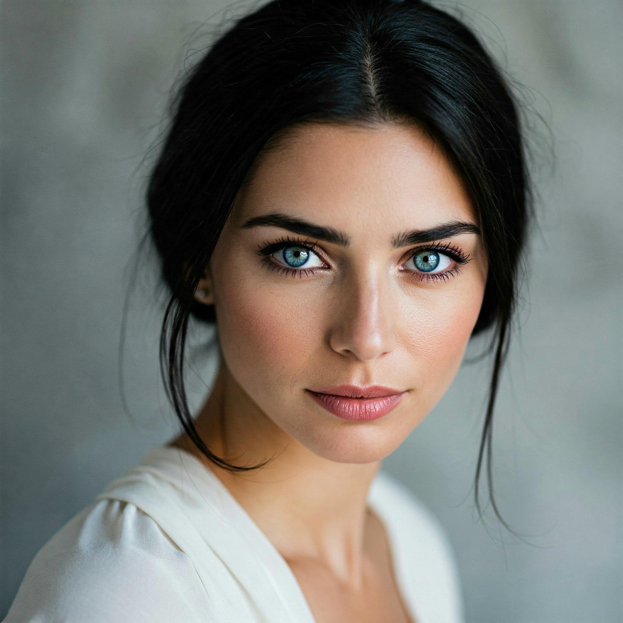 A professional portrait of a woman with a soft updo hairstyle against a blurred grey wall.