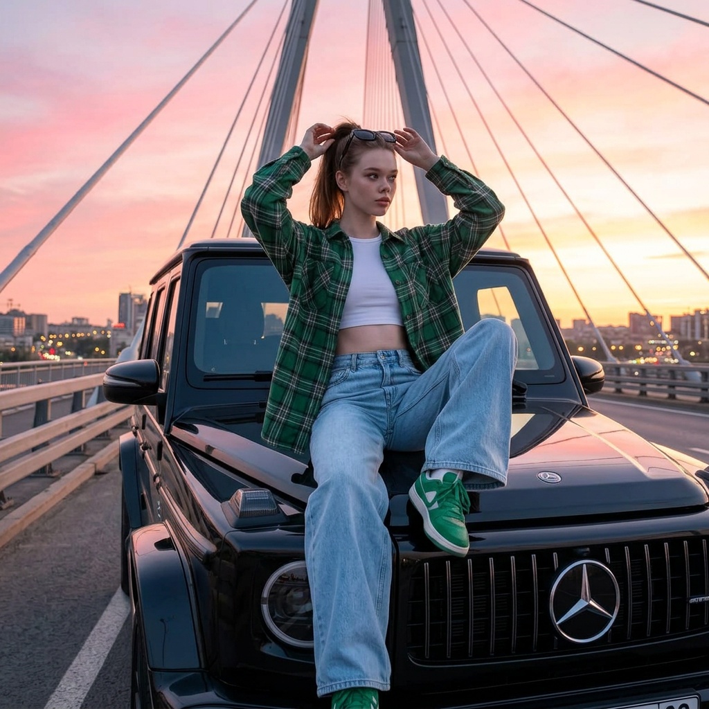 Girl On G Wagon Bridge Sunset Sky Fashion