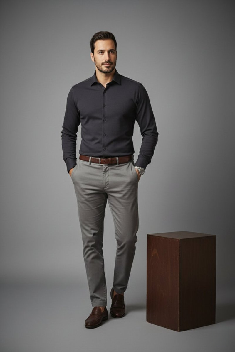 A confident man posing elegantly in a minimalist studio setting with a smooth grey background.