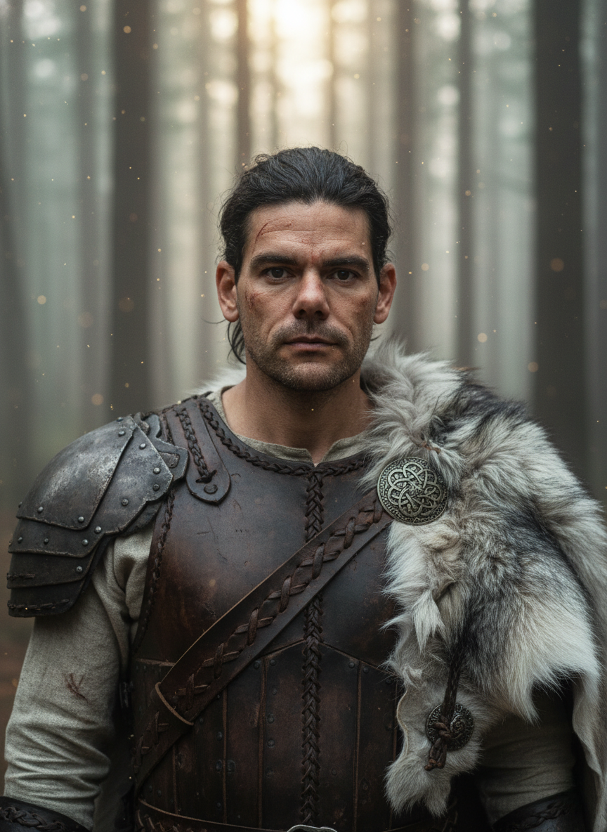 Hyperrealistic portrait of a Viking character in detailed leather armor with wolf fur detailing.