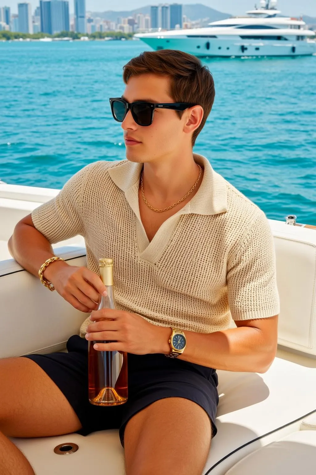 Sunglasses Necklace Bracelets And Wristwatch In Knitwear Portrait