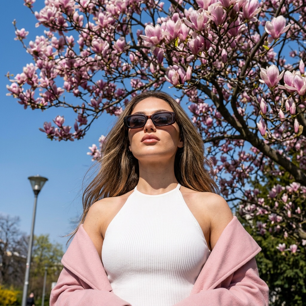 A woman in a white halter top stands beneath a blooming magnolia tree with soft pink blossoms, looking calmly at the blue sky.