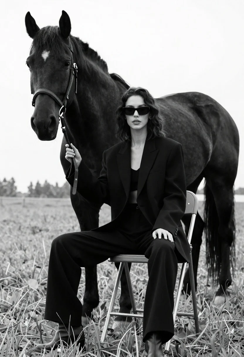 A woman sitting on a metal stool in a grassy field with a large black horse behind her, shot in high-key lighting.