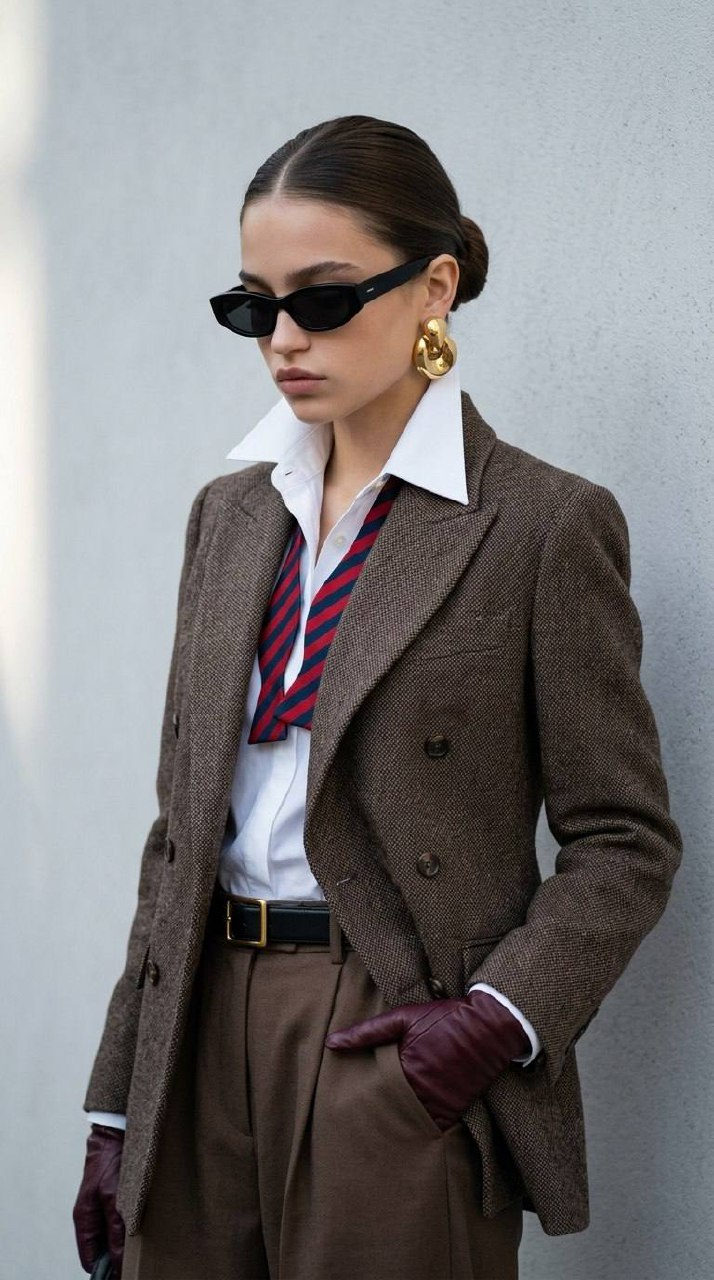 Elegant woman wearing a tweed jacket and burgundy gloves, gazing down with black glasses, gold earrings shimmering against a gray wall.