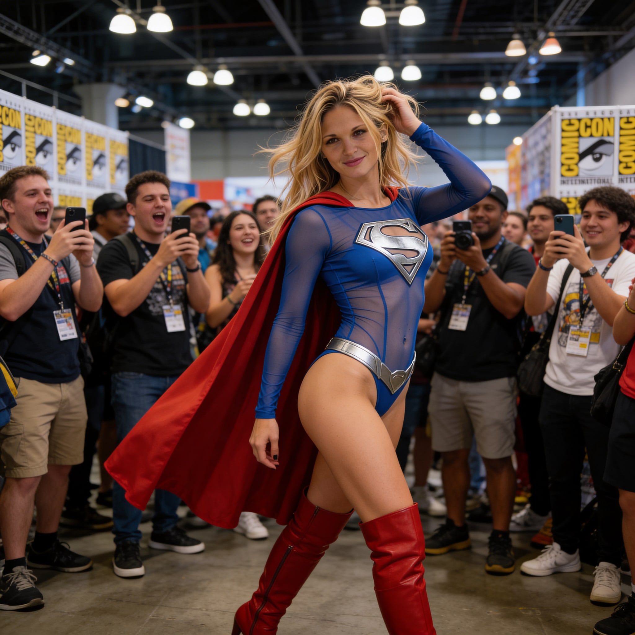 Blonde model Kat in sheer Supergirl cosplay showcasing curves at ComicCon.