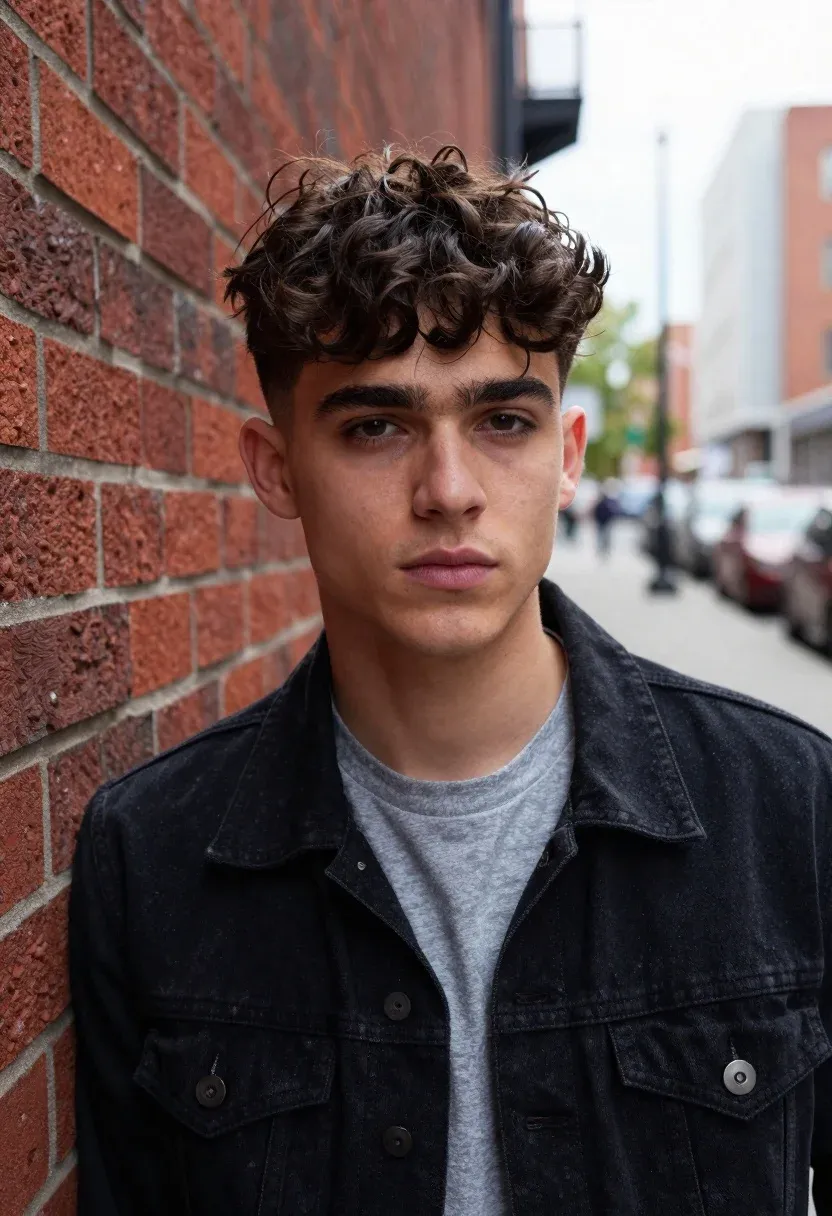 Young Man With Short Dark Curly Hair Leans Against Red