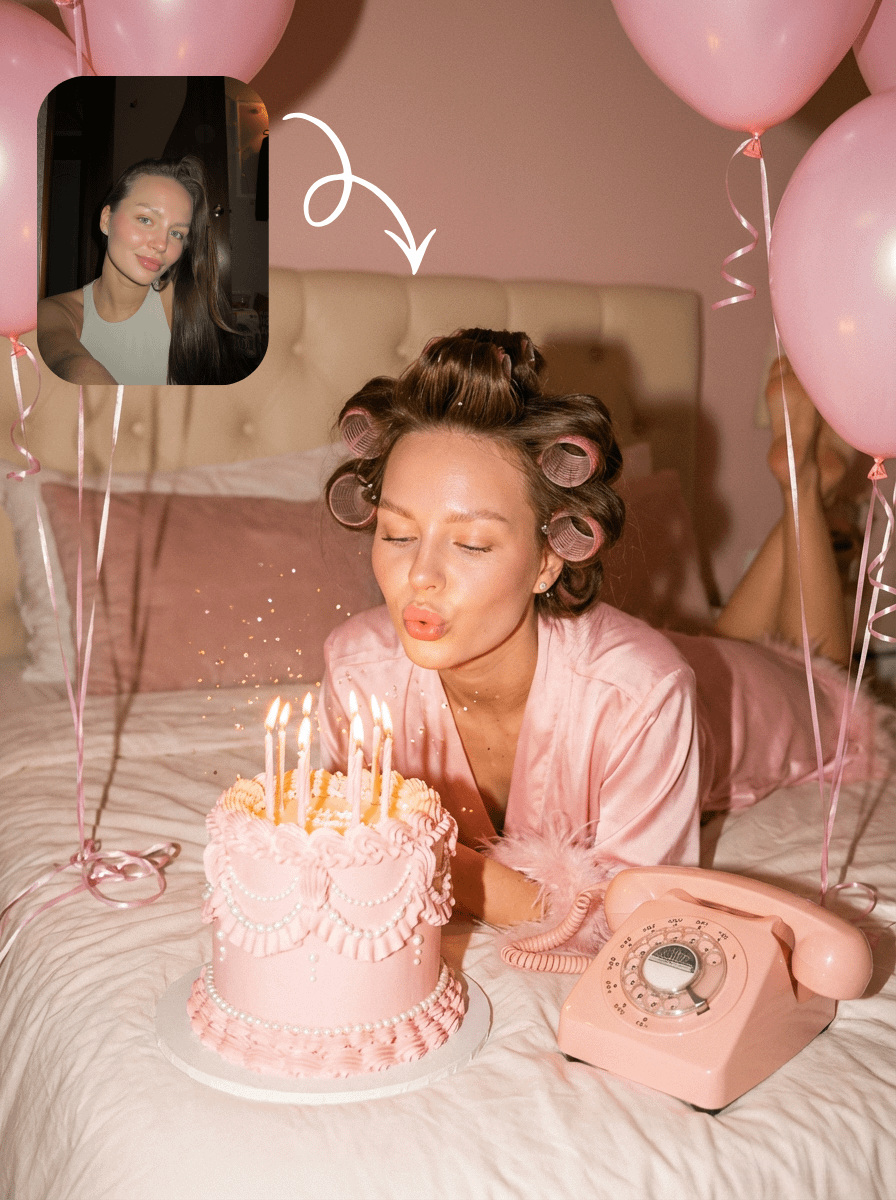 Realistic Pink Cake Candles Bed Scene