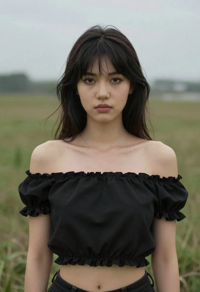 Portrait Young Woman Dark Hair Bangs Off-shoulder Black Ruffled Crop reference photo