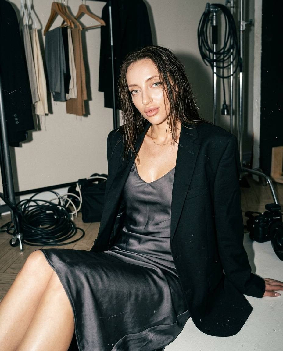 Backstage portrait of a model in a dark gray silk dress and oversized black blazer, captured in a dressing room with warm lighting.