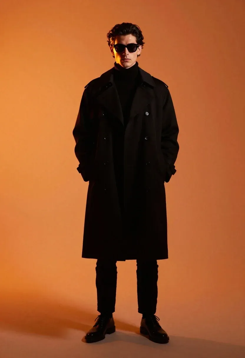 Cinematic Fashion Portrait Young Man Standing Against Solid Vibrant Orange