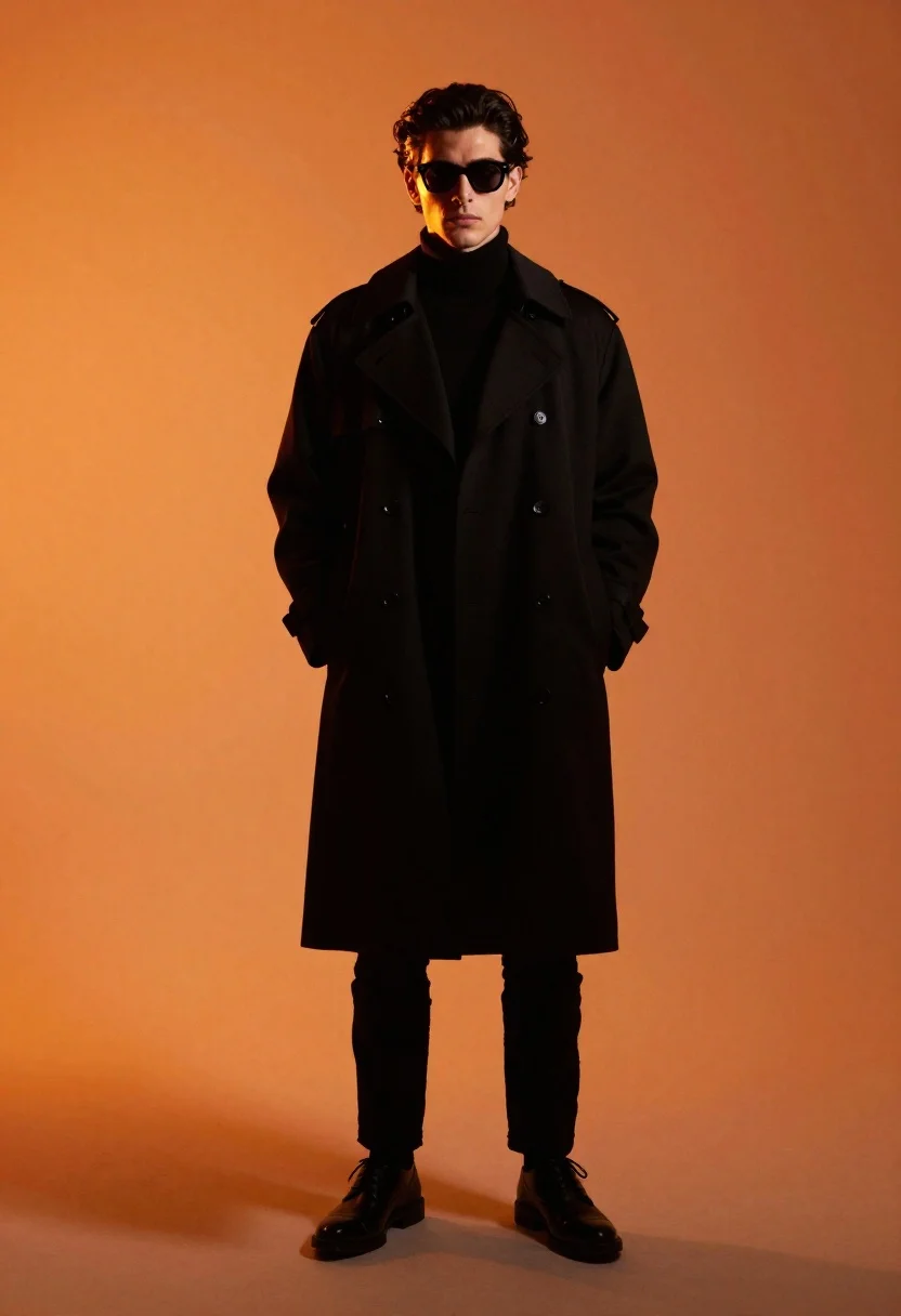 Cinematic Fashion Portrait Young Man Standing Against Solid Vibrant Orange reference photo