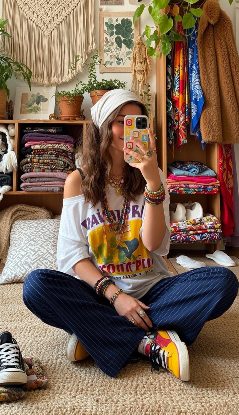 White Tee Navy Pants With Phone