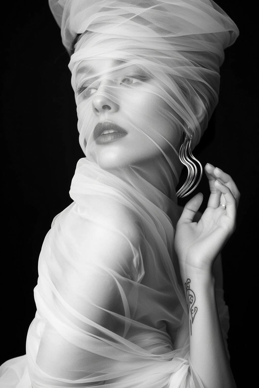 Black And White Medium Shot Portrait Young Woman Facing Left