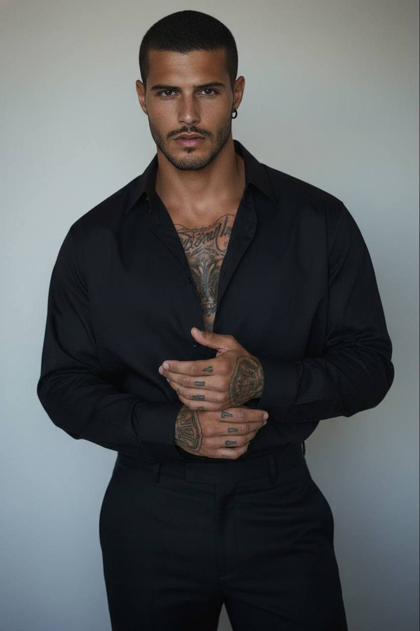 Ultra-realistic fashion portrait of a muscular man in an oversized black button-up shirt against a neutral studio wall.
