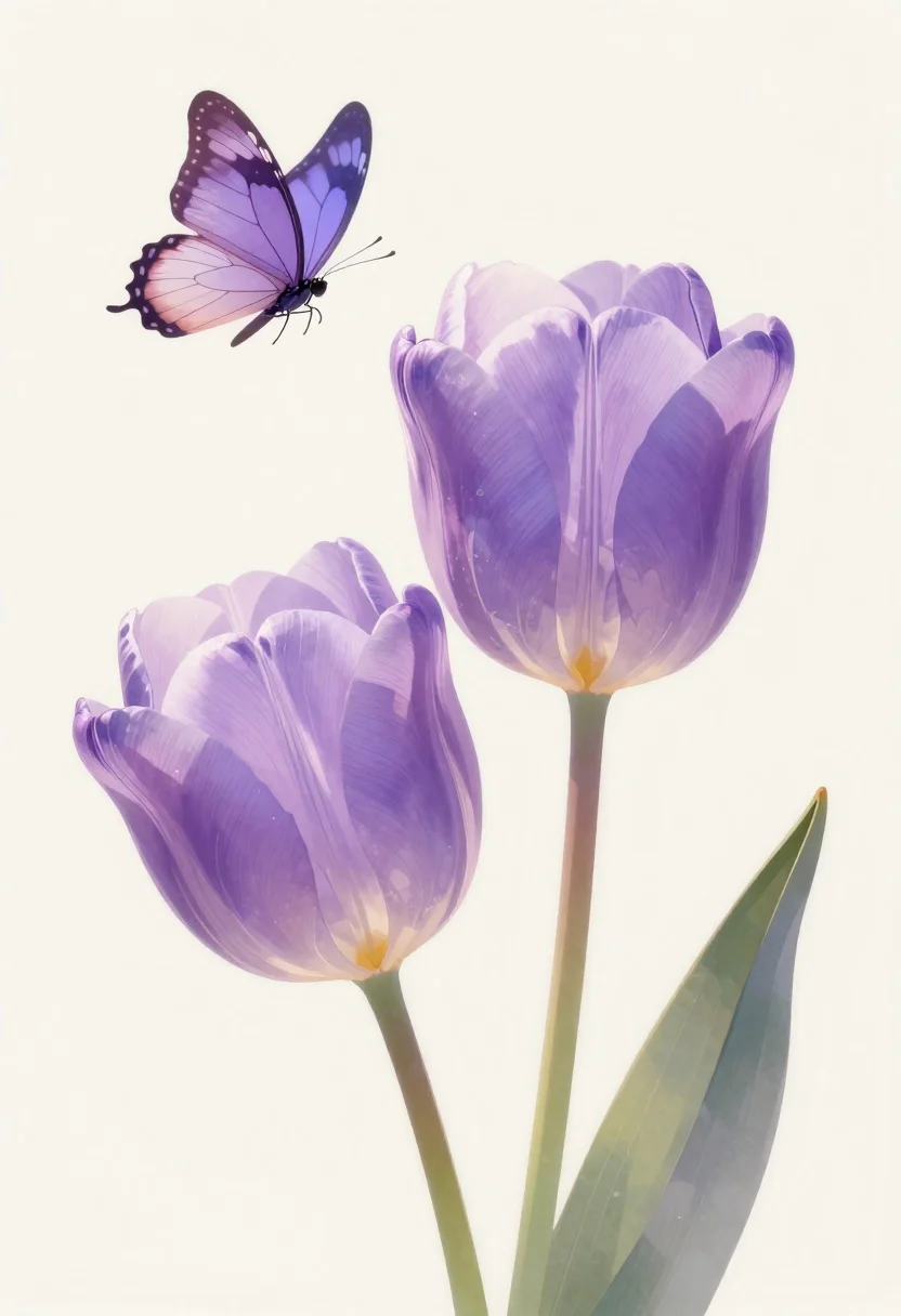 Soft Pastel Illustration Two Large Purple Tulips With Delicate Butterfly reference photo