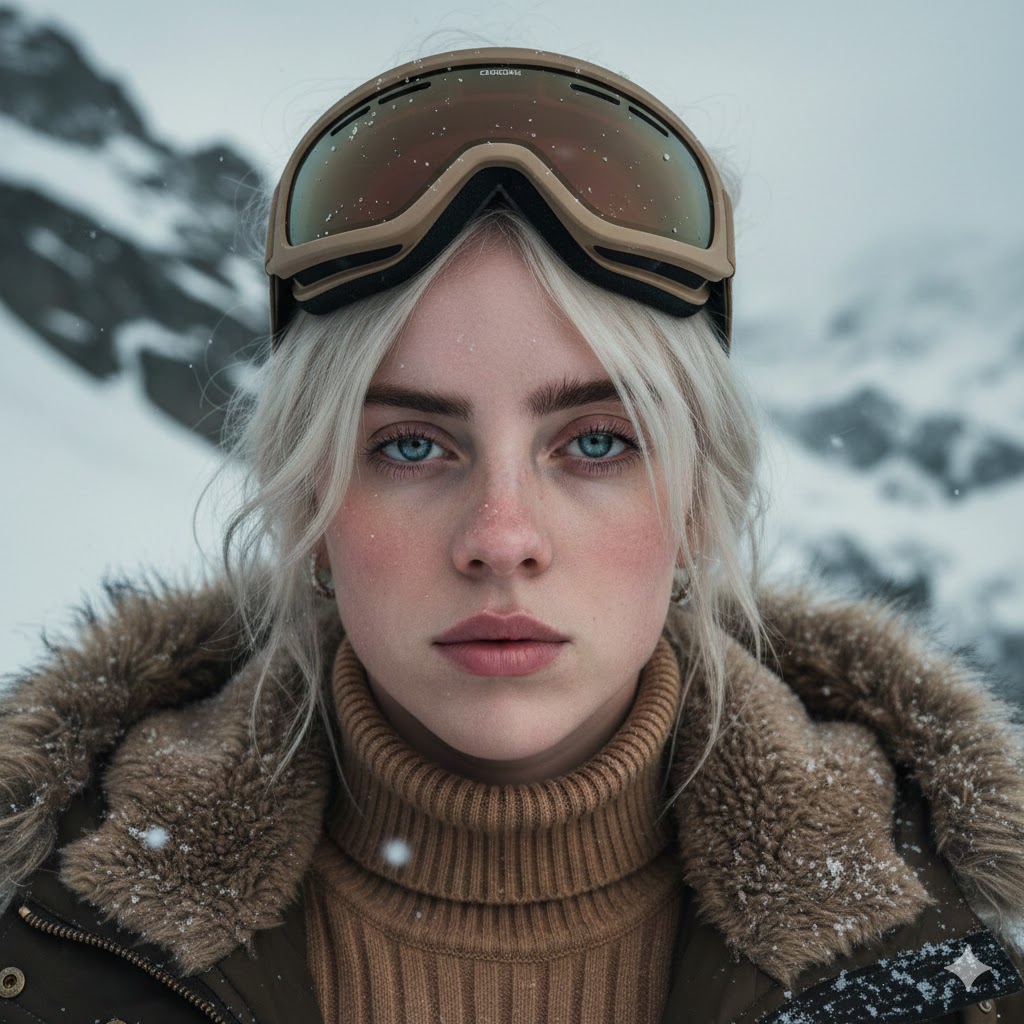 A young woman with crystal blue eyes and blond messy hair, wearing a tan knit turtleneck and a snow-dusted parka, posed against snow-capped mountains.