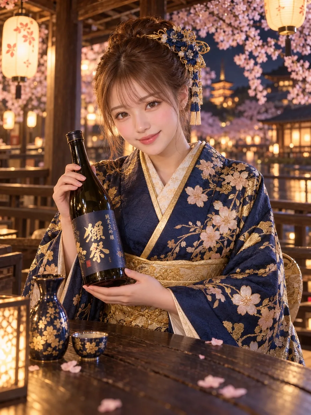 Holding Sake Bottle In Kyoto Pavilion
