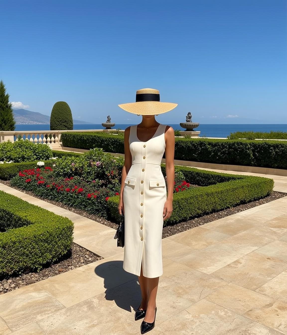 Terrace Ocean View White Dress Straw Hat
