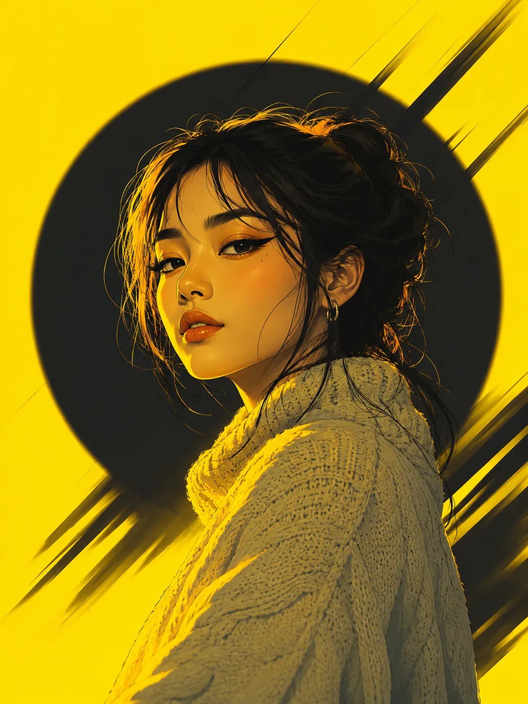A portrait featuring a person in a cream cable-knit turtleneck, over shoulder, with a vibrant yellow background and black halo.