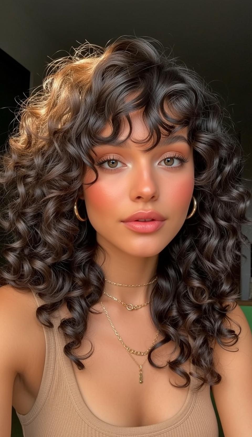 Hair Salon Young Dark Brown Curly Bangs