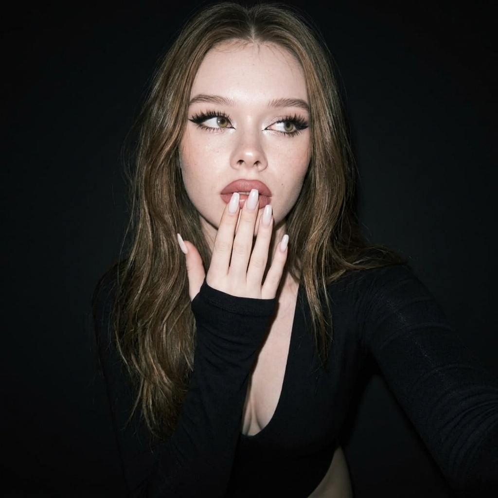 A confident woman with a hand to her face, showcasing elegant makeup and soft lighting, captured in an intimate setting.