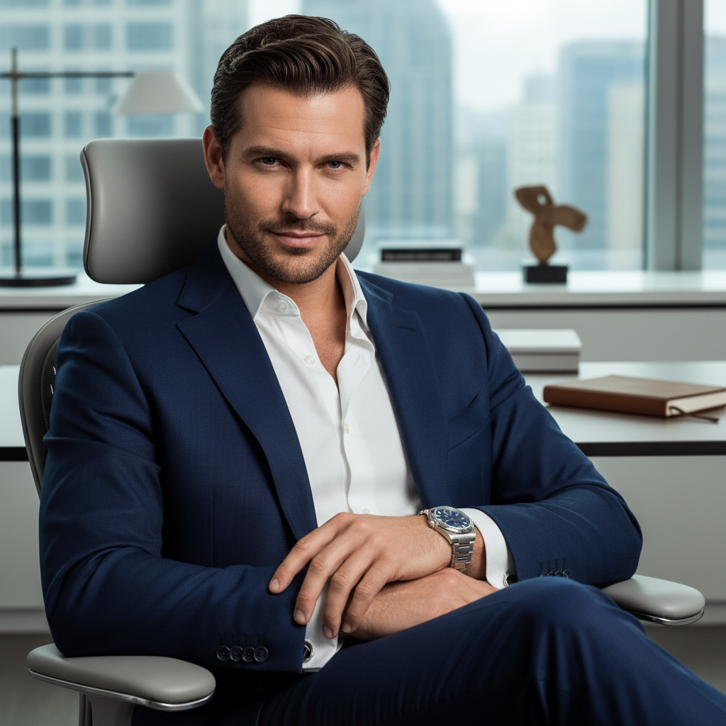 A photo-realistic portrait of a confident male in a navy suit sitting on a desk chair in a bright office setting.