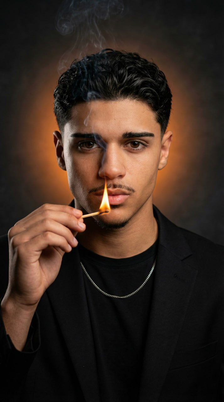 Ultra-photorealistic portrait of a man in a black blazer holding a lit matchstick with smoke rising.