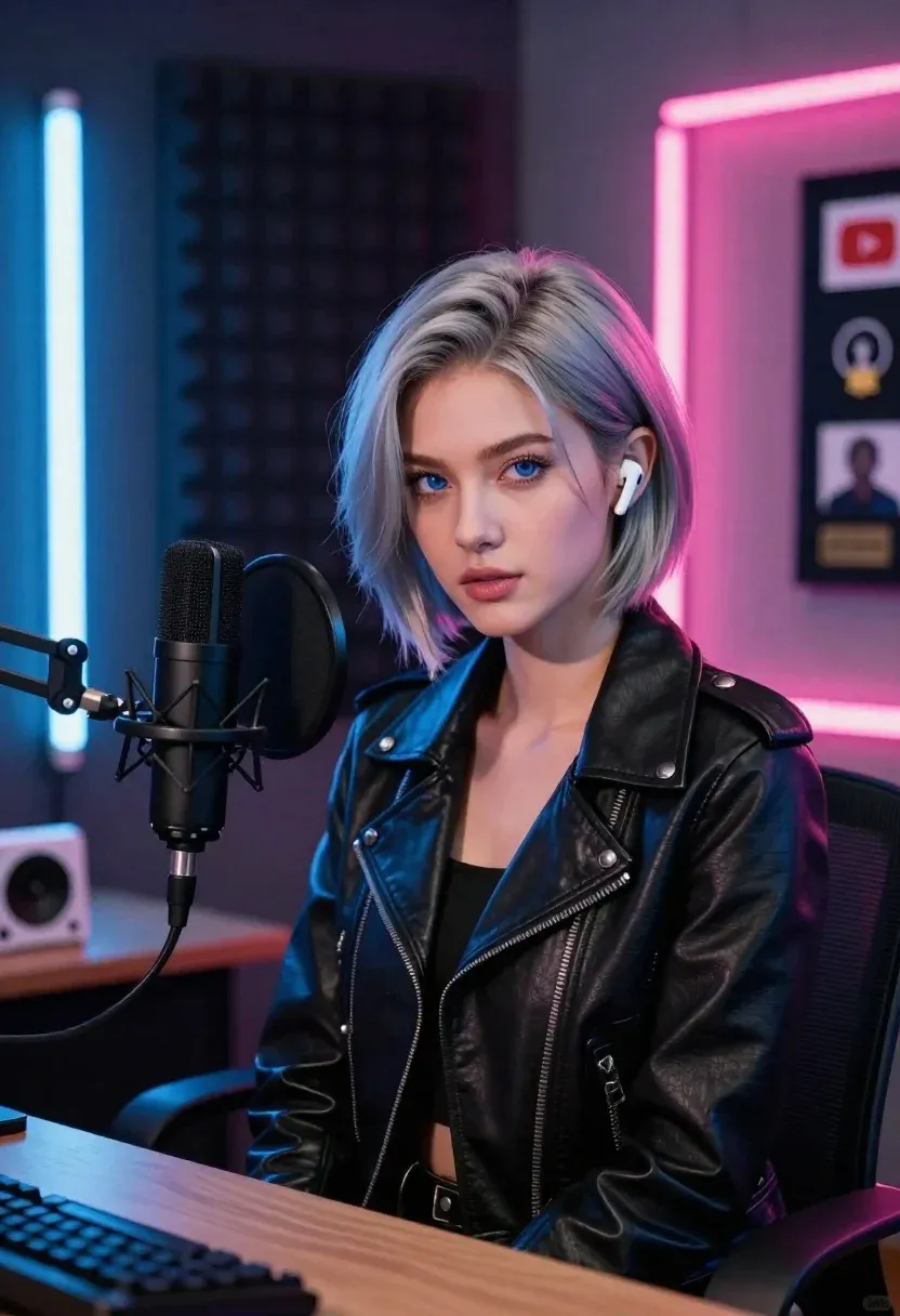 Young Woman With Short Silver Hair Sits Desk Modern Recording