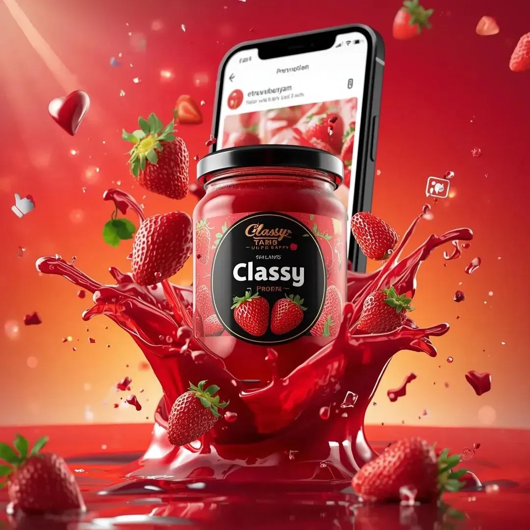 Strawberry Jam Jar Floating With Splashes And Strawberries