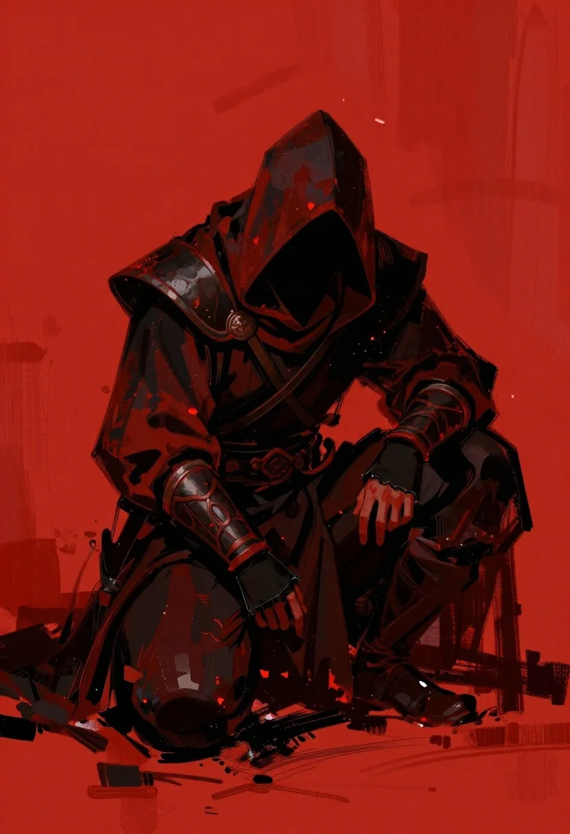 Digital Painting Hooded Warrior Crouching The Foreground Against Abstract Red reference photo