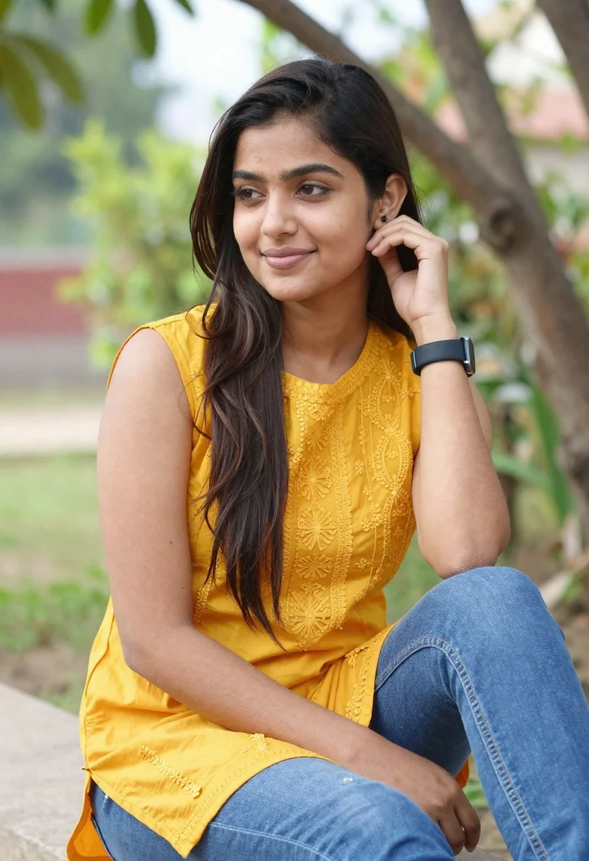 Young Woman With Long Dark Hair Sits Outdoors Relaxed Pose reference photo