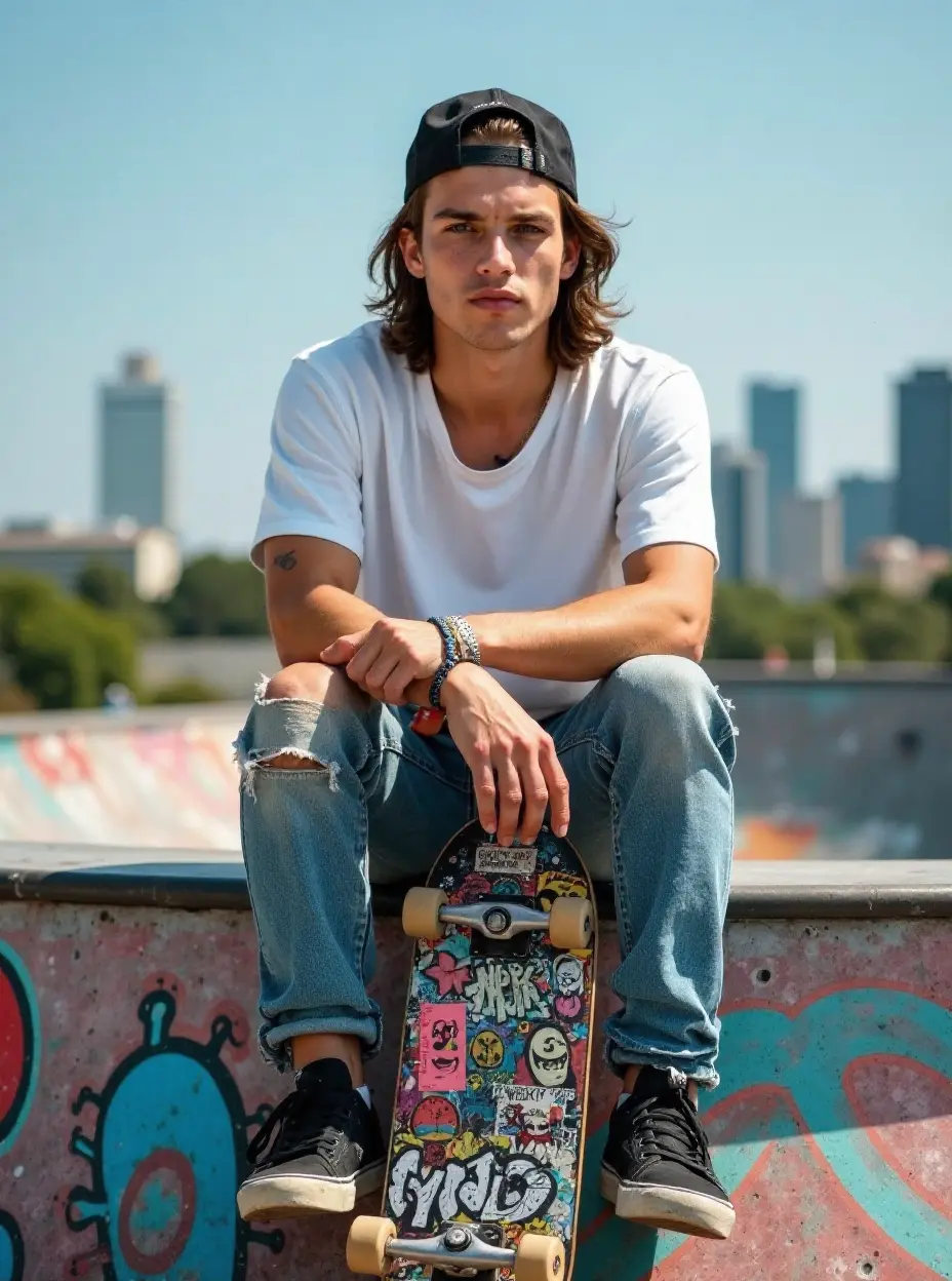 Portrait of Flux, a laid-back young man on a graffiti-covered ramp, with a skateboard and city skyline in background.