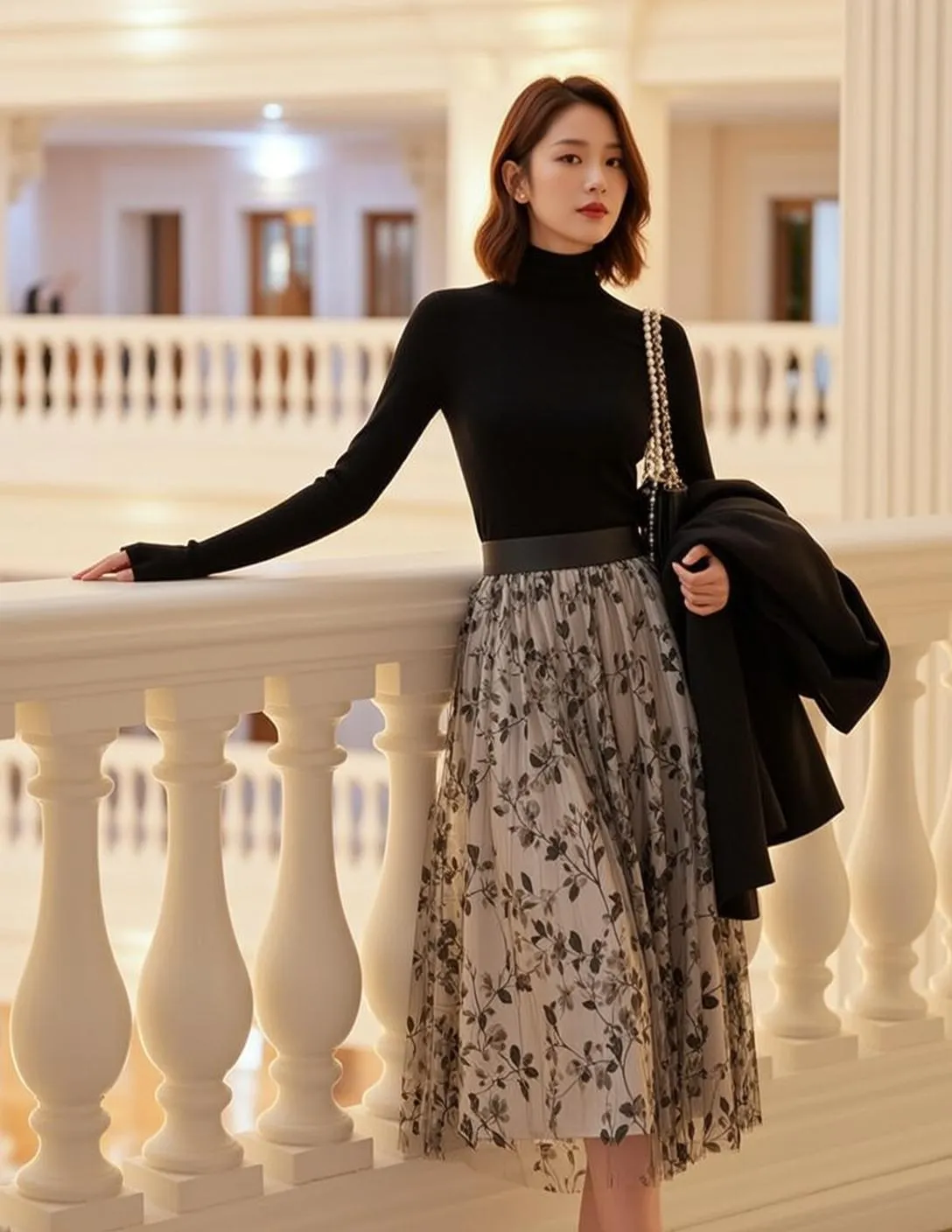East Asian Woman Black Turtleneck Floral Skirt Pearl Earrings Balcony