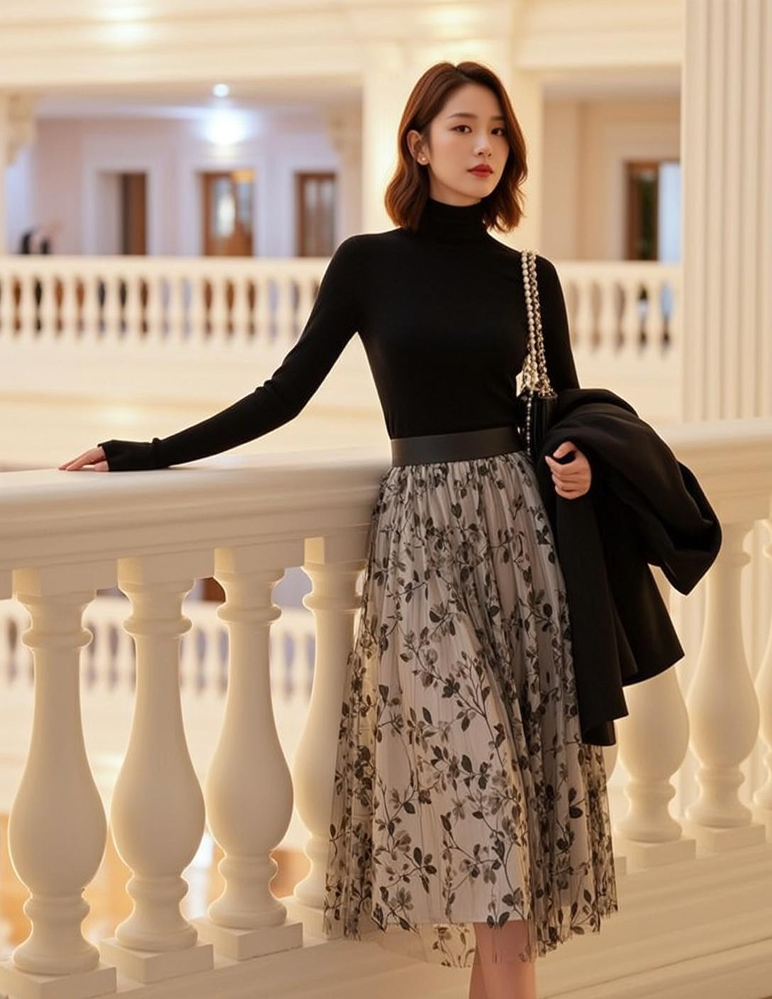 East Asian Woman Black Turtleneck Floral Skirt Pearl Earrings Balcony