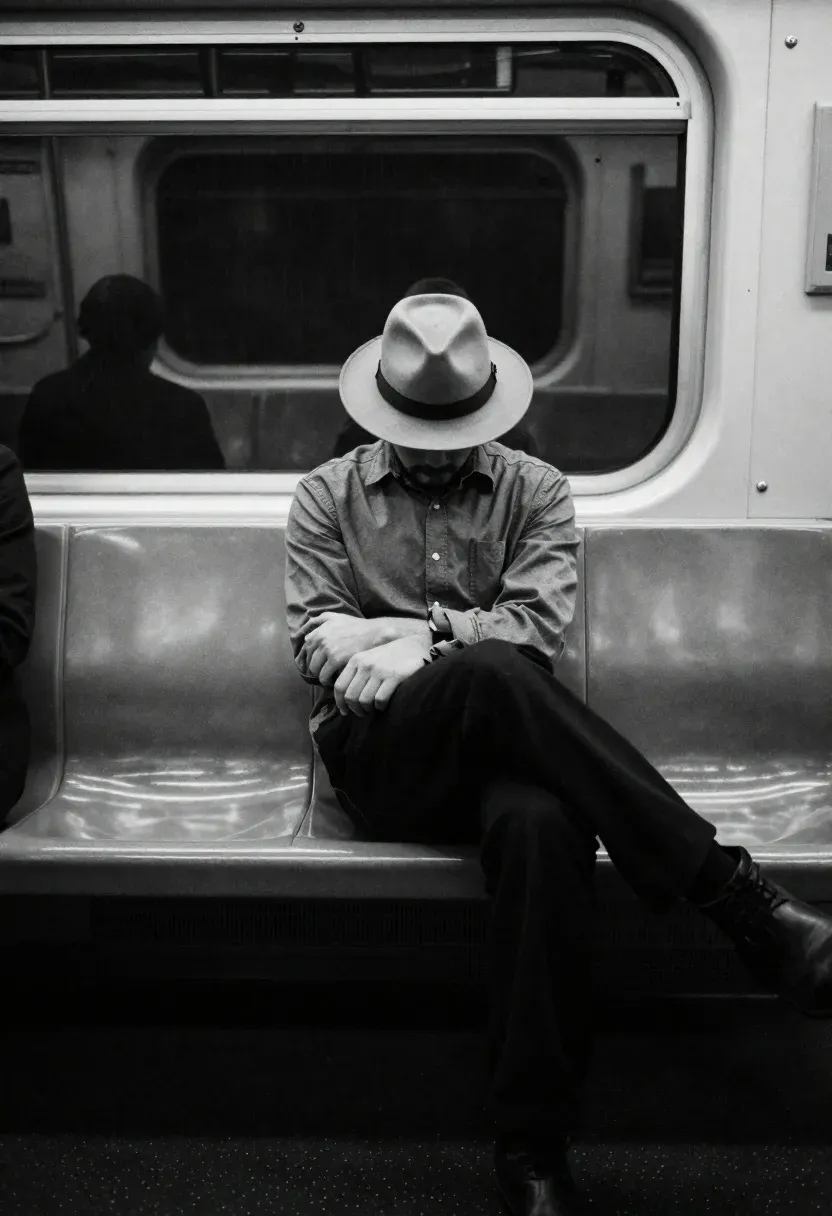 Grainy Black-and-white Photograph Solitary Figure Slumped Subway Seat Inside The