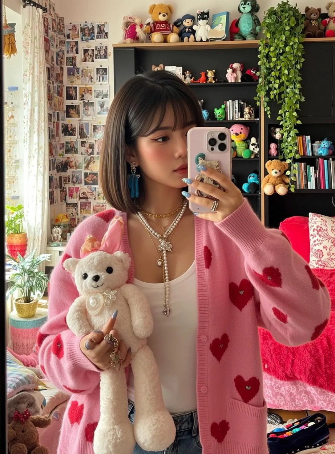 Makeup Earrings Necklace Rings And Nails In Selfie Portrait