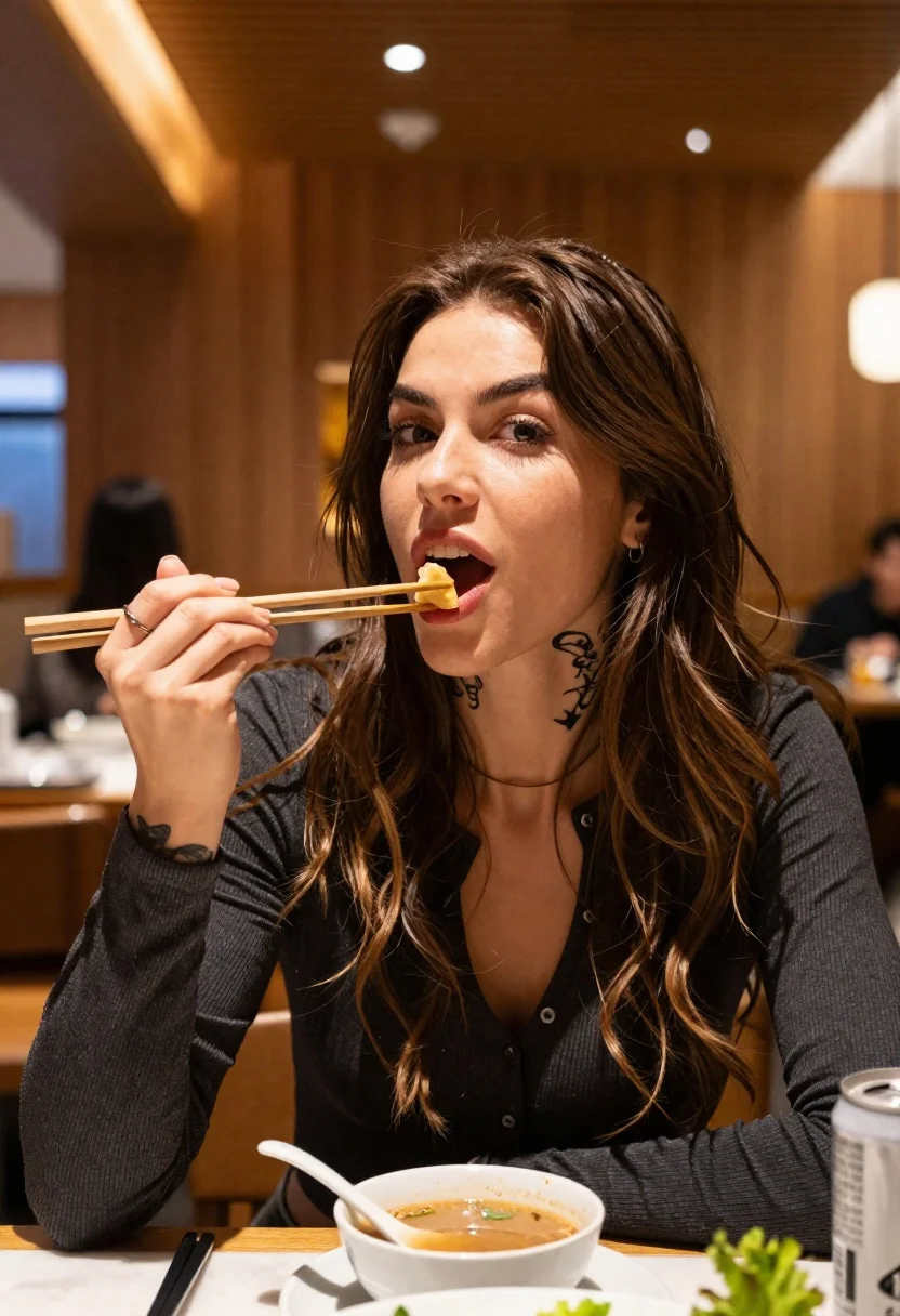 Woman With Long Brown Hair Captured Mid-bite She Eats Piece reference photo
