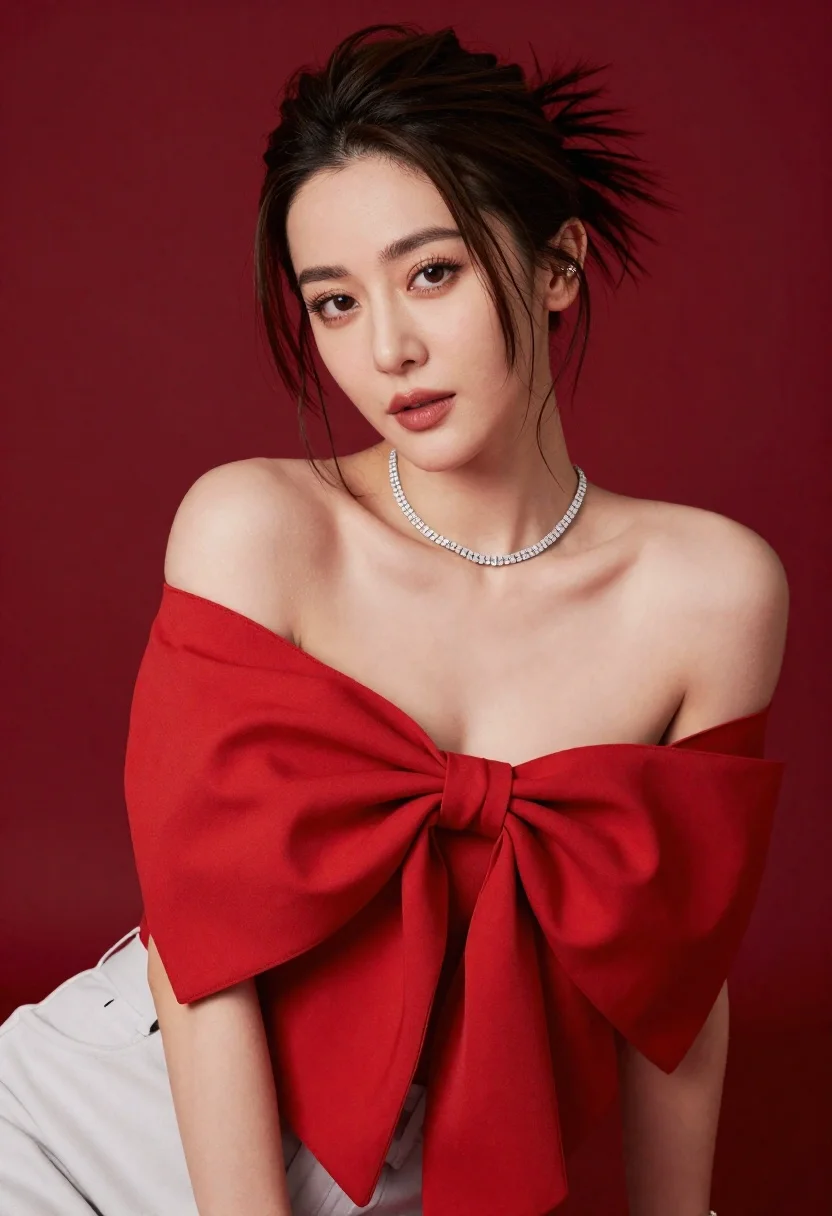 Confident Woman With Dark Hair Styled Messy Updo Gazes Directly reference photo