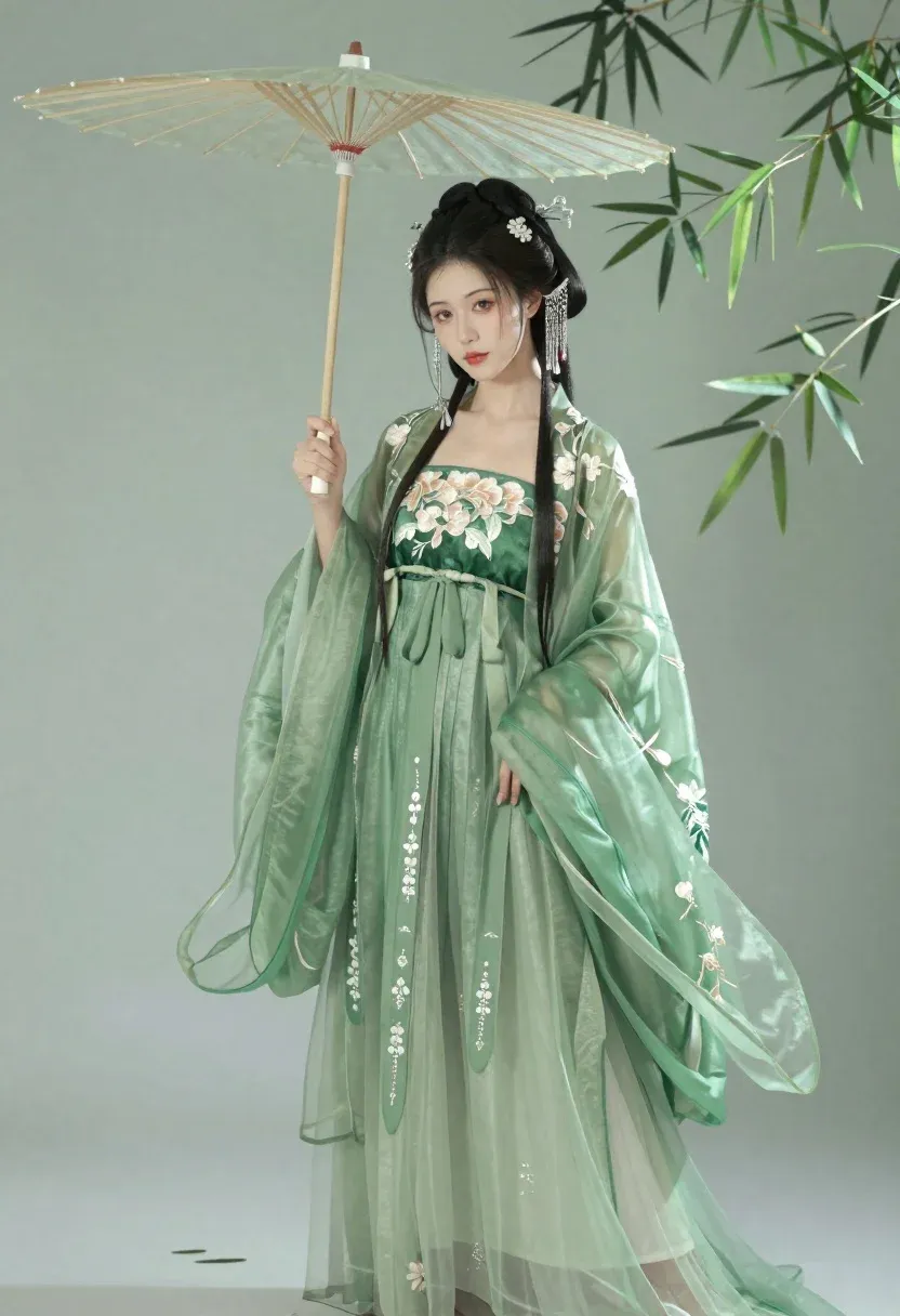 Woman Elegant Green Hanfu Dress Holding Translucent Parasol Standing Amidst