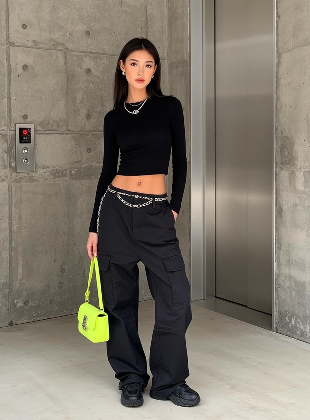Black Cargo Pants Neon Bag