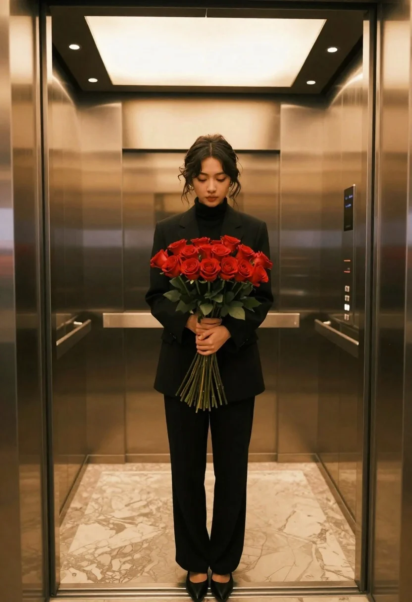 A woman stands confidently in a sleek modern elevator, holding a large bouquet of vibrant red roses, bathed in warm golden lighting.