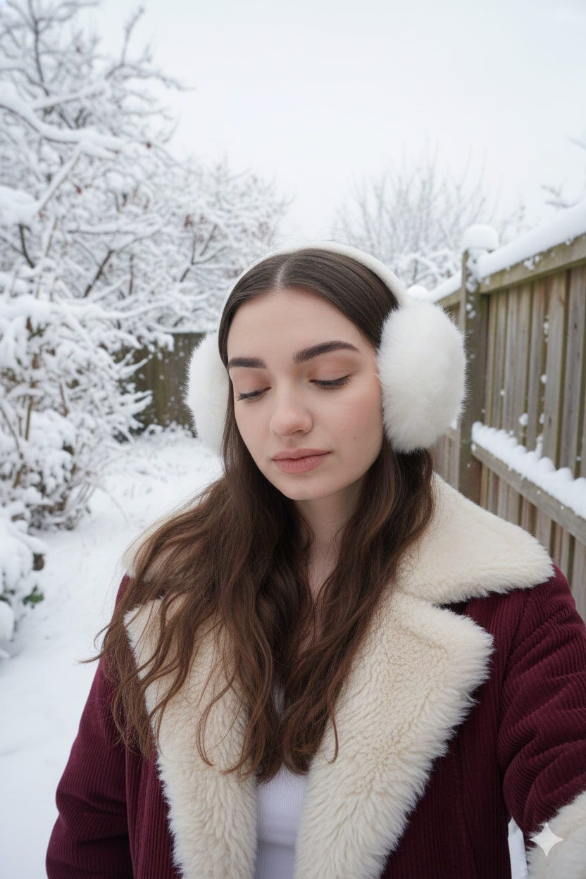 Close-up selfie of a girl with a serene expression, wearing white faux fur headphones, in a snowy garden backdrop.