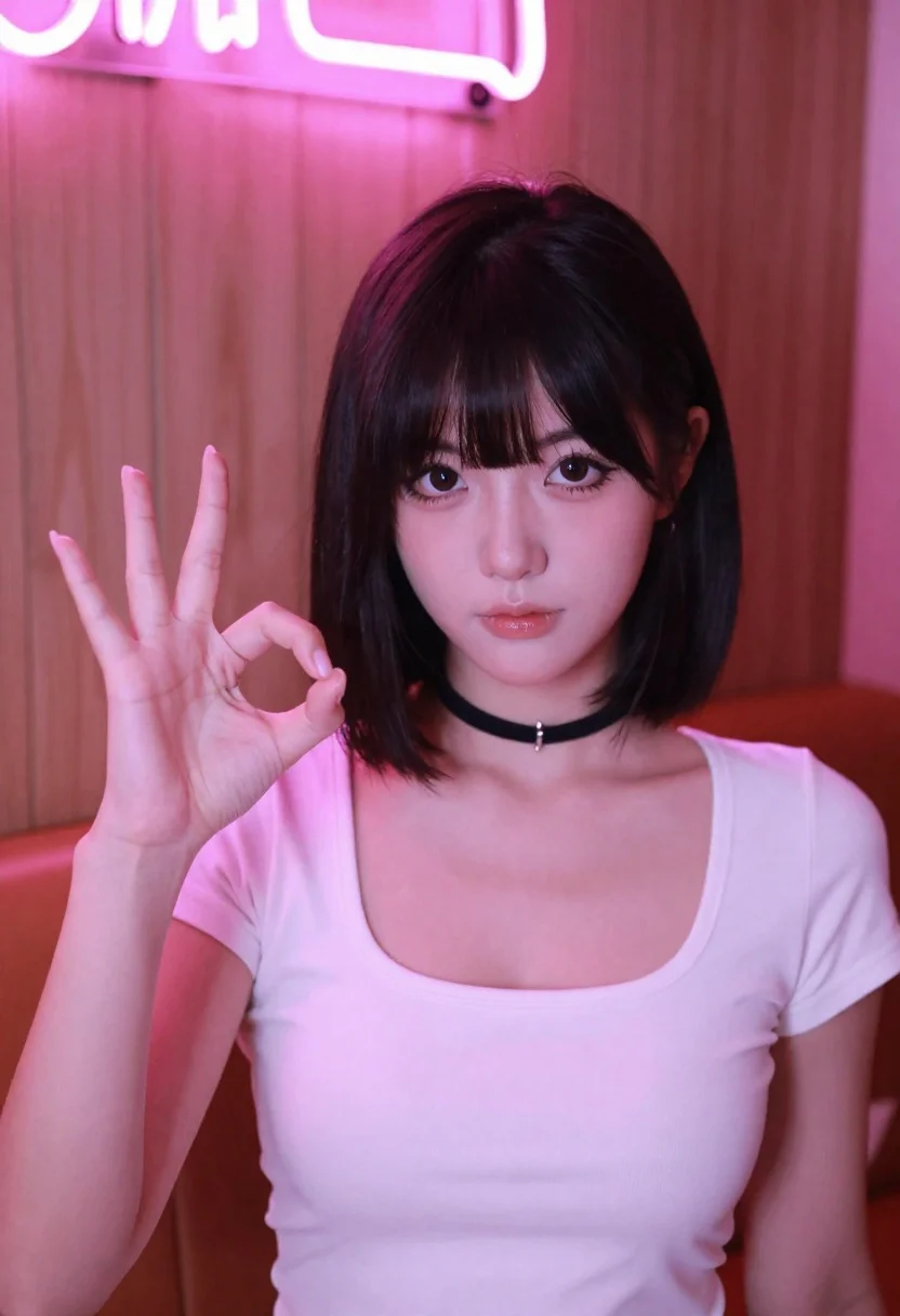 Young Woman With Short Black Hair And Bangs Makes Hand reference photo