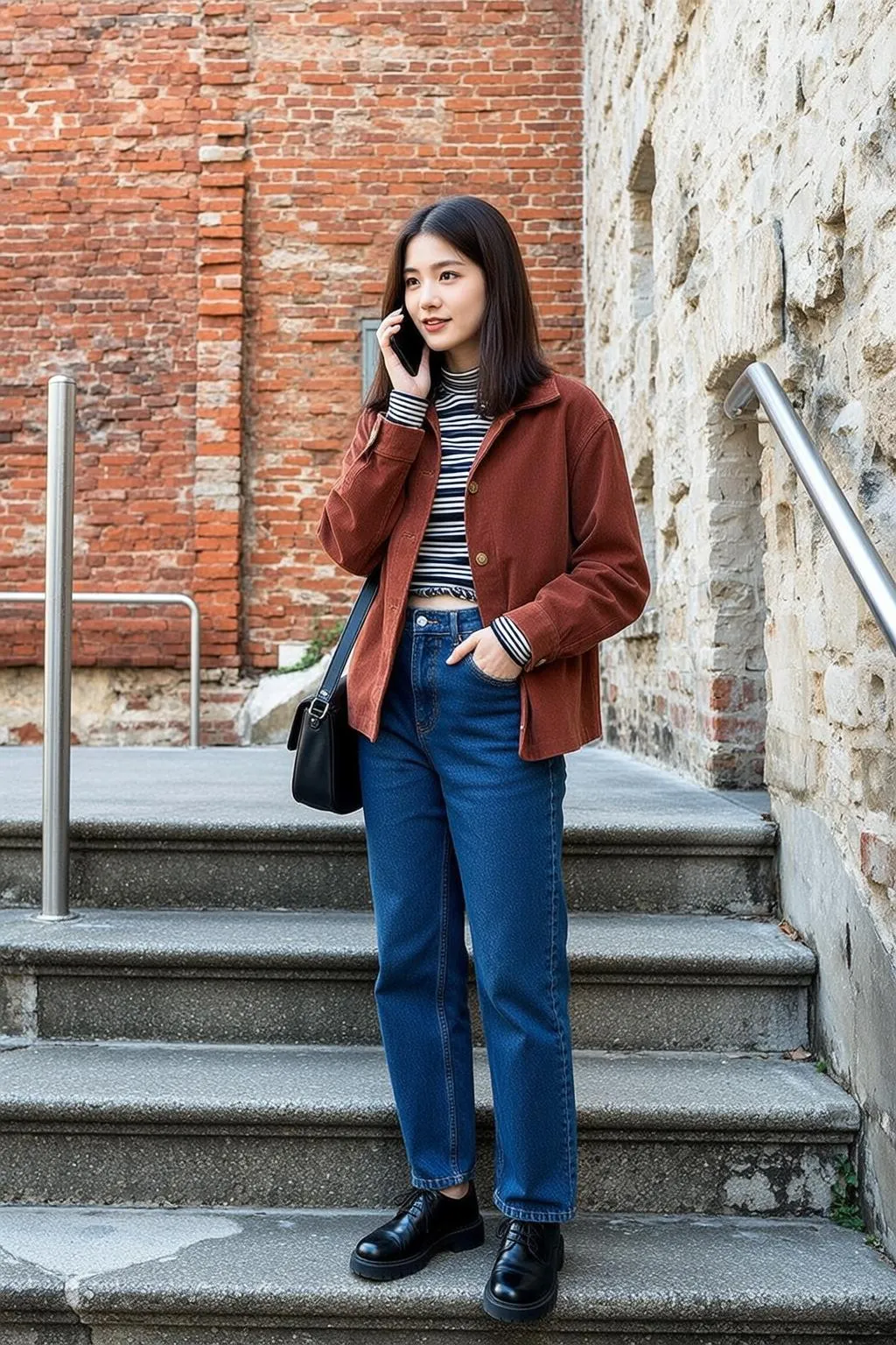 Autumn Stands Concrete Stairs Holding Phone Her