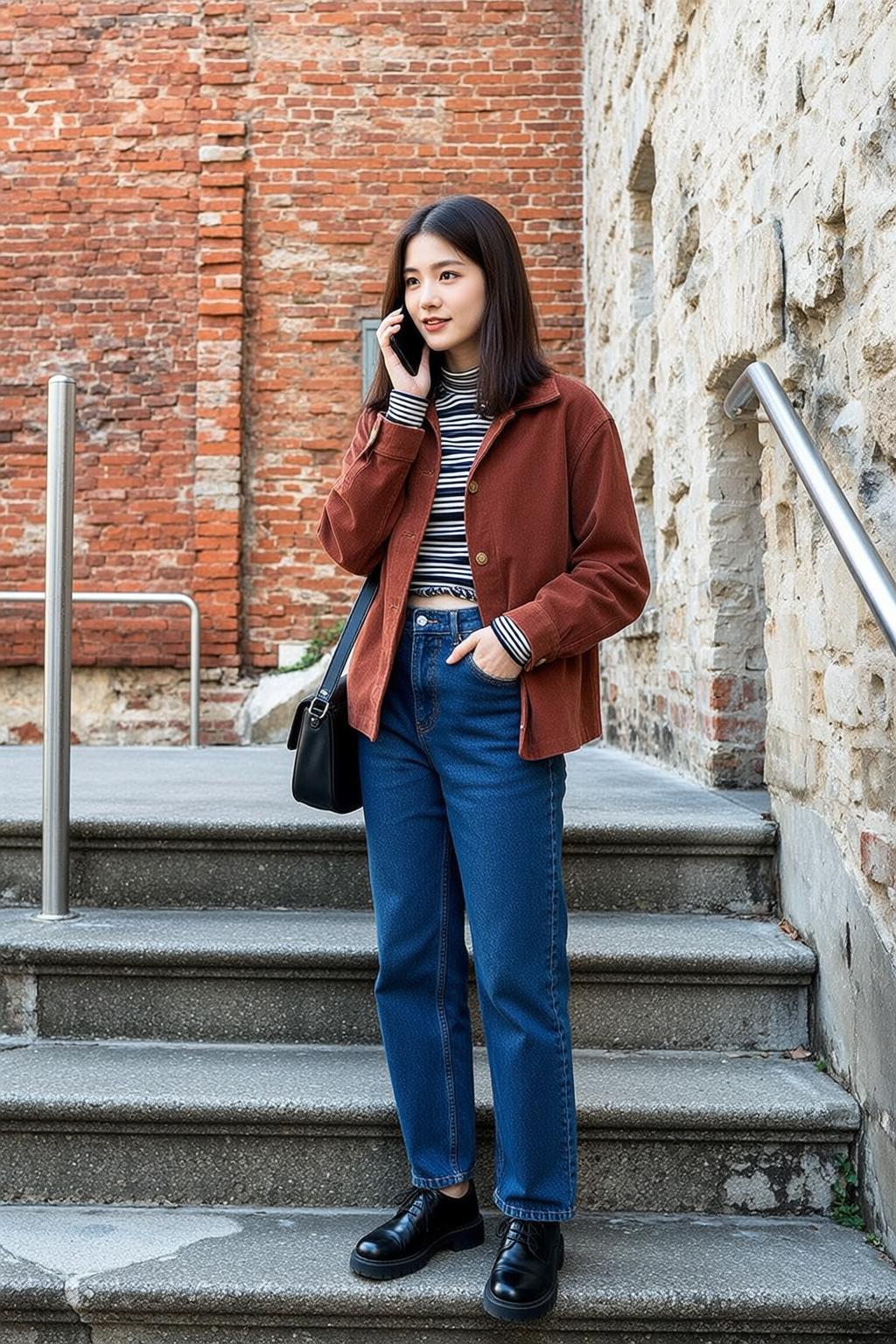 Autumn Stands Concrete Stairs Holding Phone Her