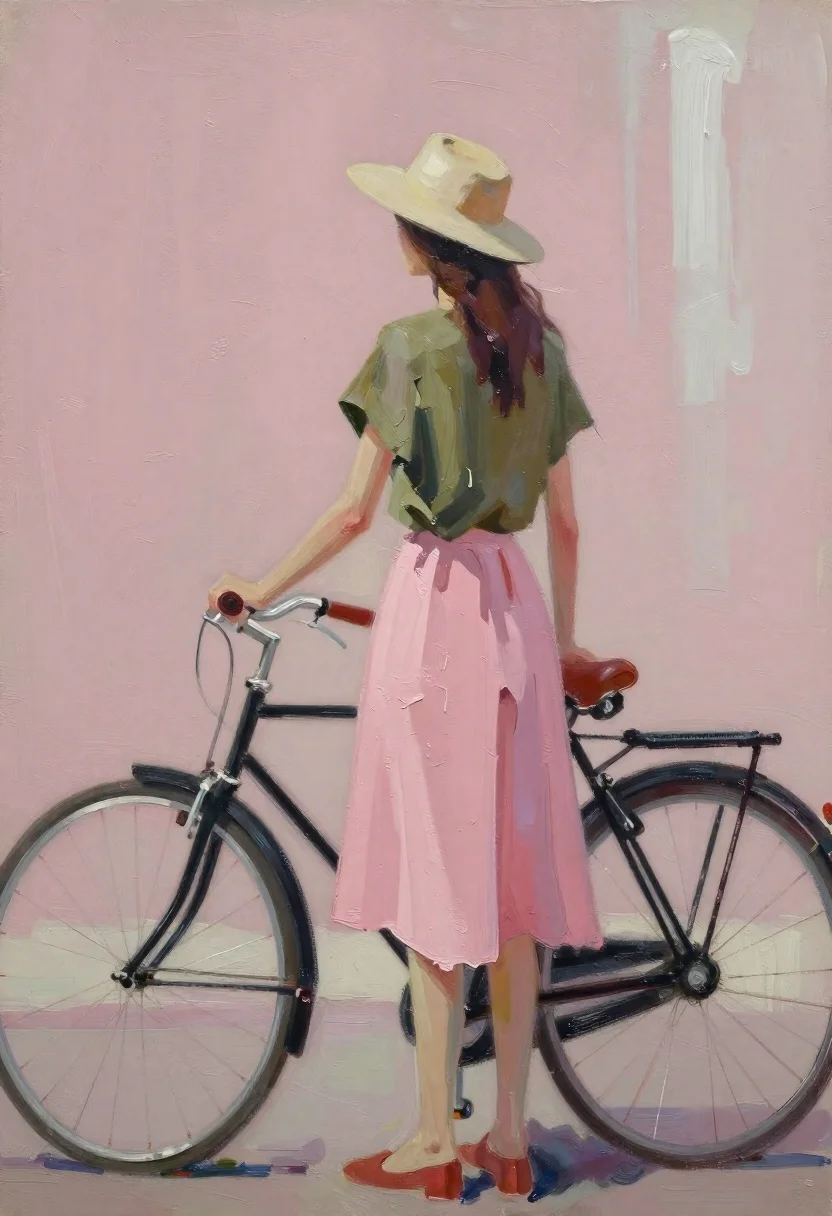 Oil Painting Woman Standing Beside Her Bicycle Abstract Composition Subject reference photo