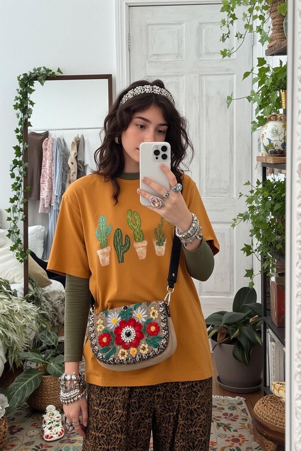 Mirror Selfie Mustard Cactus Shirt Patterned Pants